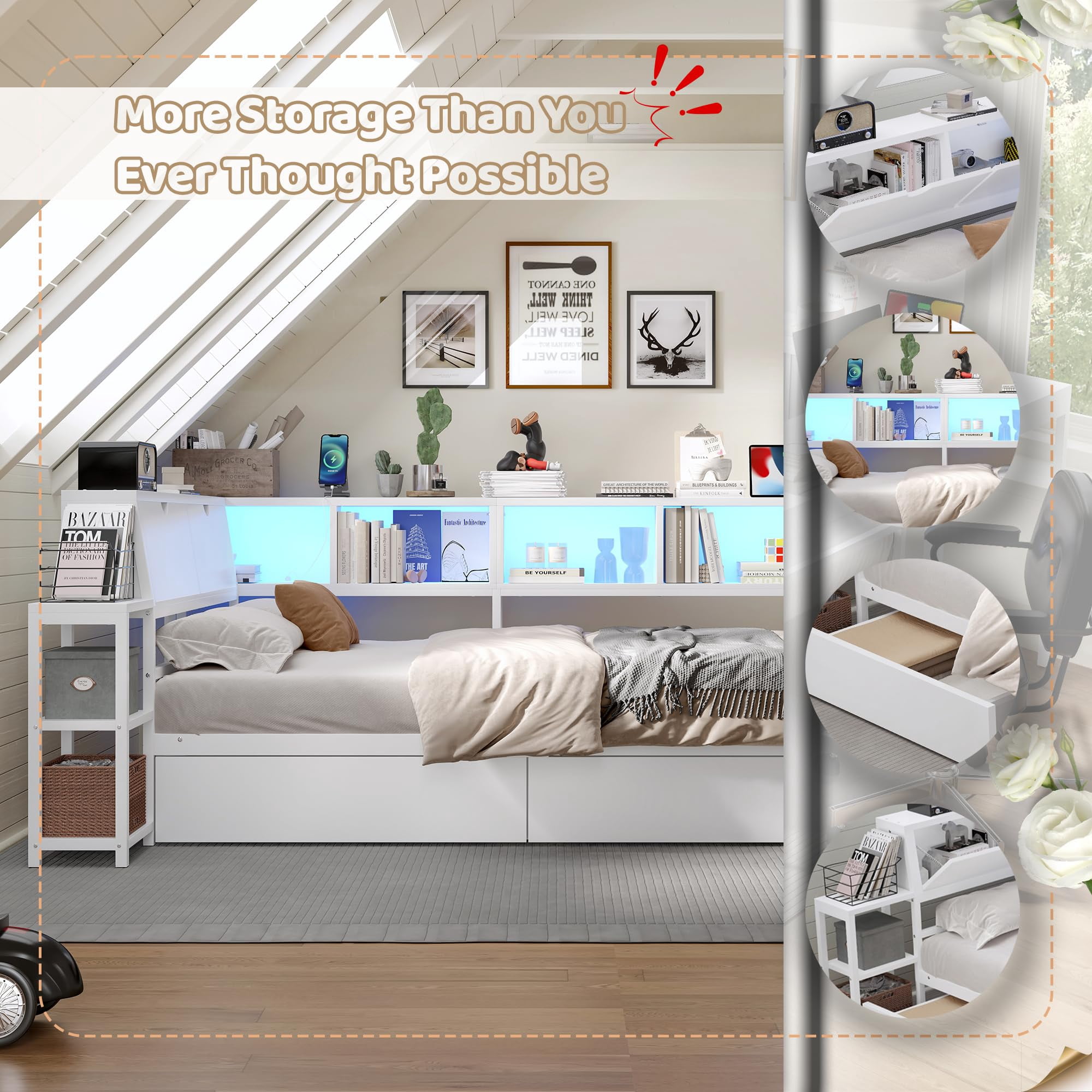 Miniyam Twin Size Daybed with LED Lights, Desk, Charging Station, Storage Drawers, Shelves and Flip-Up Headboard for Teens, White