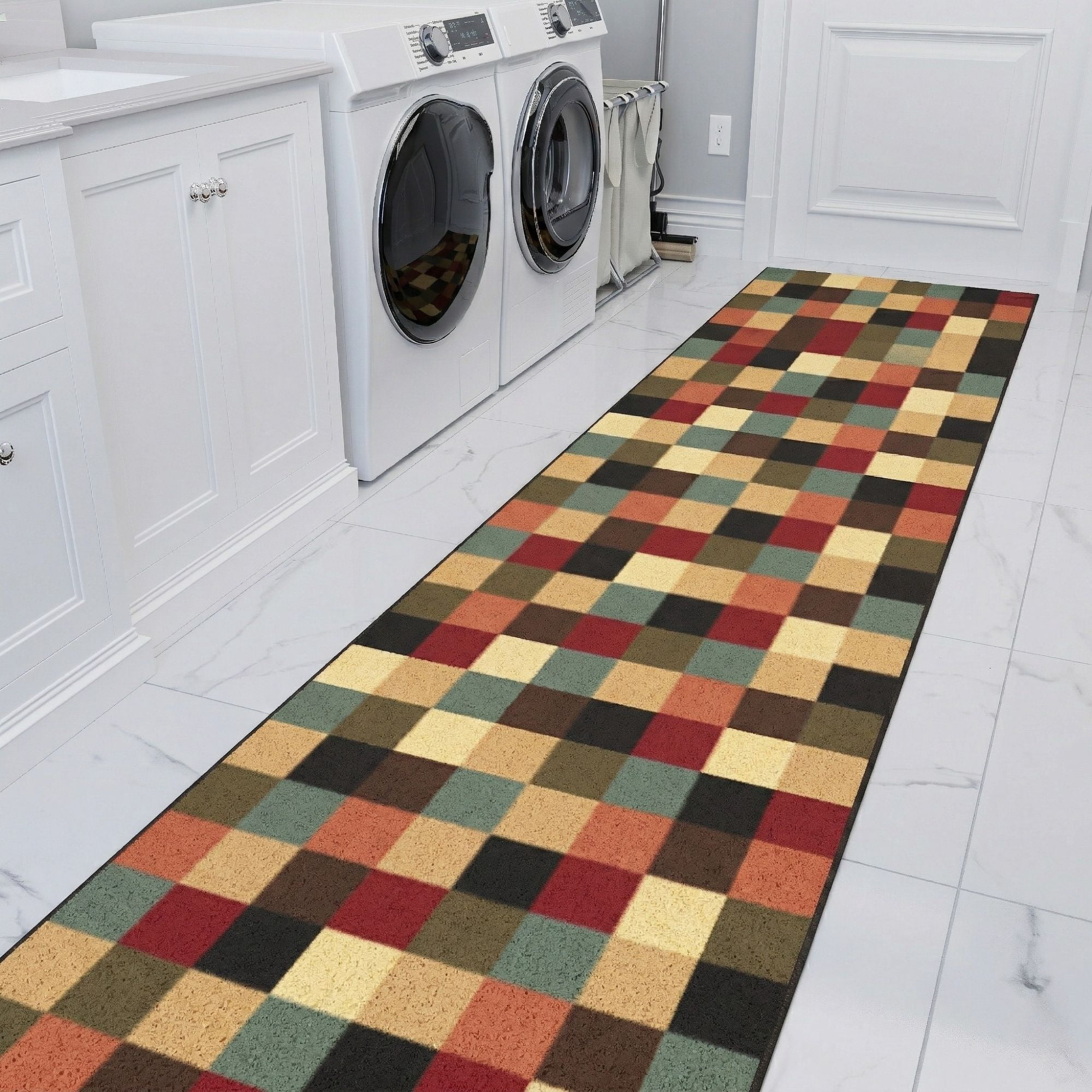Ottomanson Extra Long Runner Rug 2'7" x 15' – Non-Slip Low Pile Hallway Carpet, Checkered Multicolor