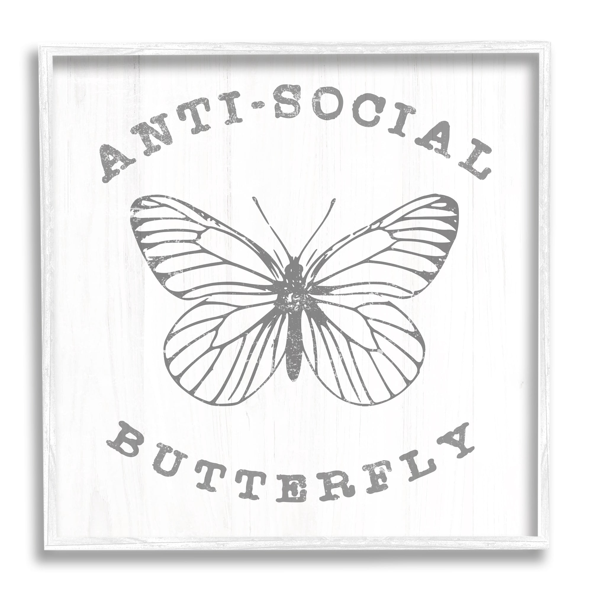 Stupell Industries Antisocial Butterfly Insect Outline Vintage Weathered Design Graphic Art White Framed Art Print Wall Art, Design by Daphne Polselli