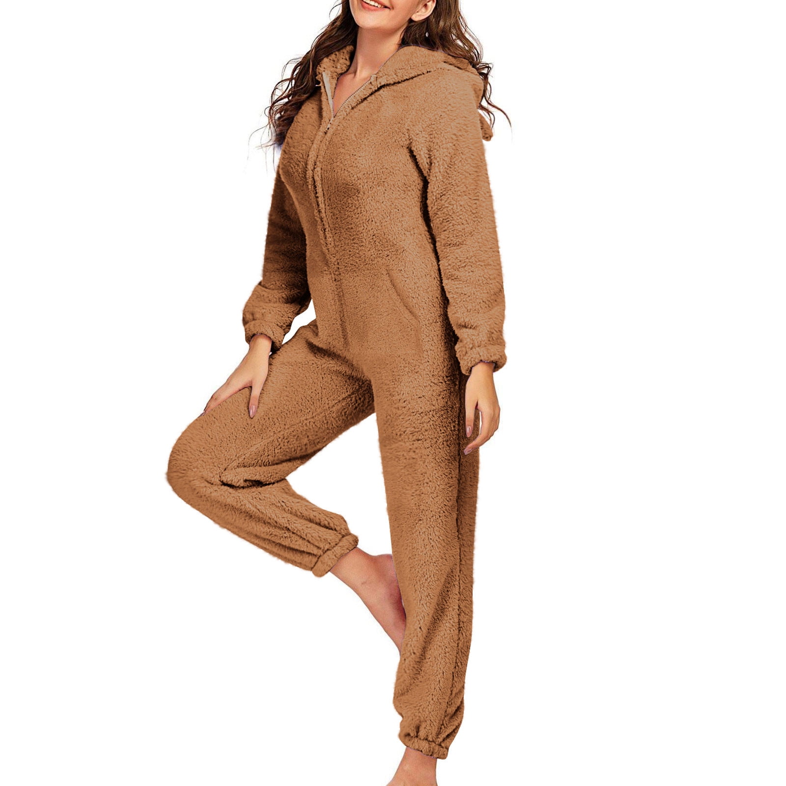 FNFYFH Fleece Onesie Pajamas for Women Fuzzy Sherpa Hooded Romper One Piece Winter Sleepwear Flannel Pajama Jumpsuit
