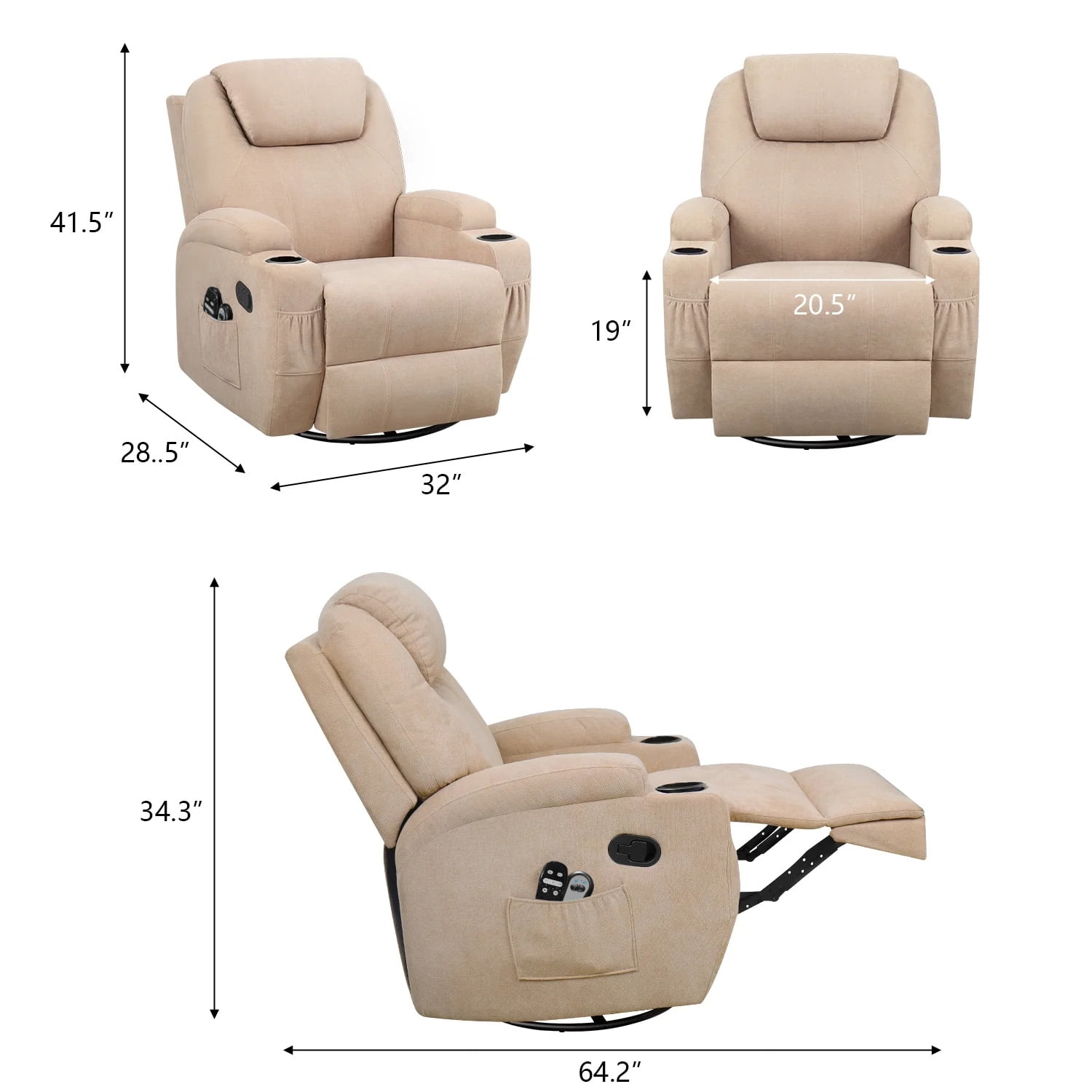 Homall Swivel Rocking Recliner Chair Massage Fabric 360 Swivel Rocker Recliner Living Room Chair Home Theater Seating,Fabric Beige