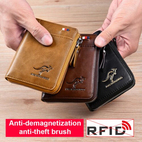 Porfeet Men Faux Leather ID Card Holder Zipper Pocket Money Clip Business Bifold Wallet,Brown, Men's, Size: One Size