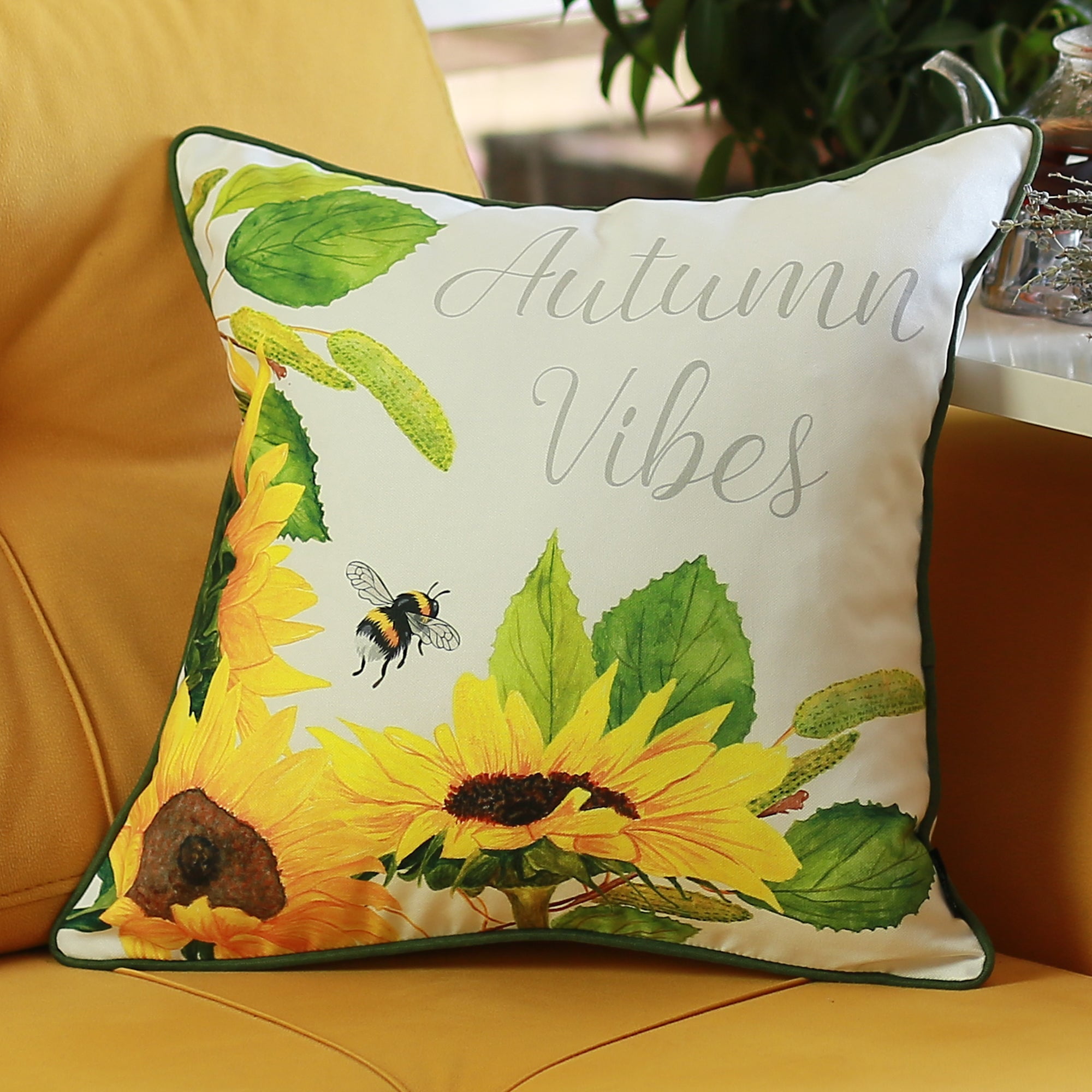 Autumn Vibes Yellow and Green Cotton Polyester Throw Pillow Cover