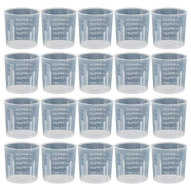 KDJ Plastic Measuring Cups Set of 20 - Transparent Dual Scale Containers for Kitchen & Lab Use - 10ml, 20ml, 30ml Calibrated Liquid Sample Measure Tools