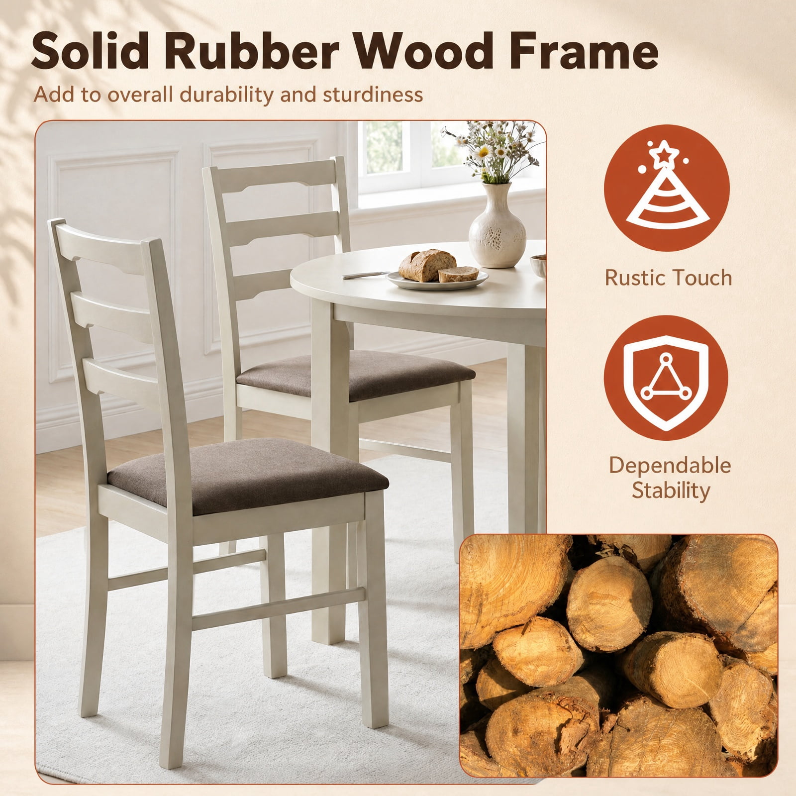 Furnibear Linen Style Upholstered Dining Chairs Set of 2 with Ladder Back and Solid Rubber Wood Frames for Farmhouse Kitchen, White