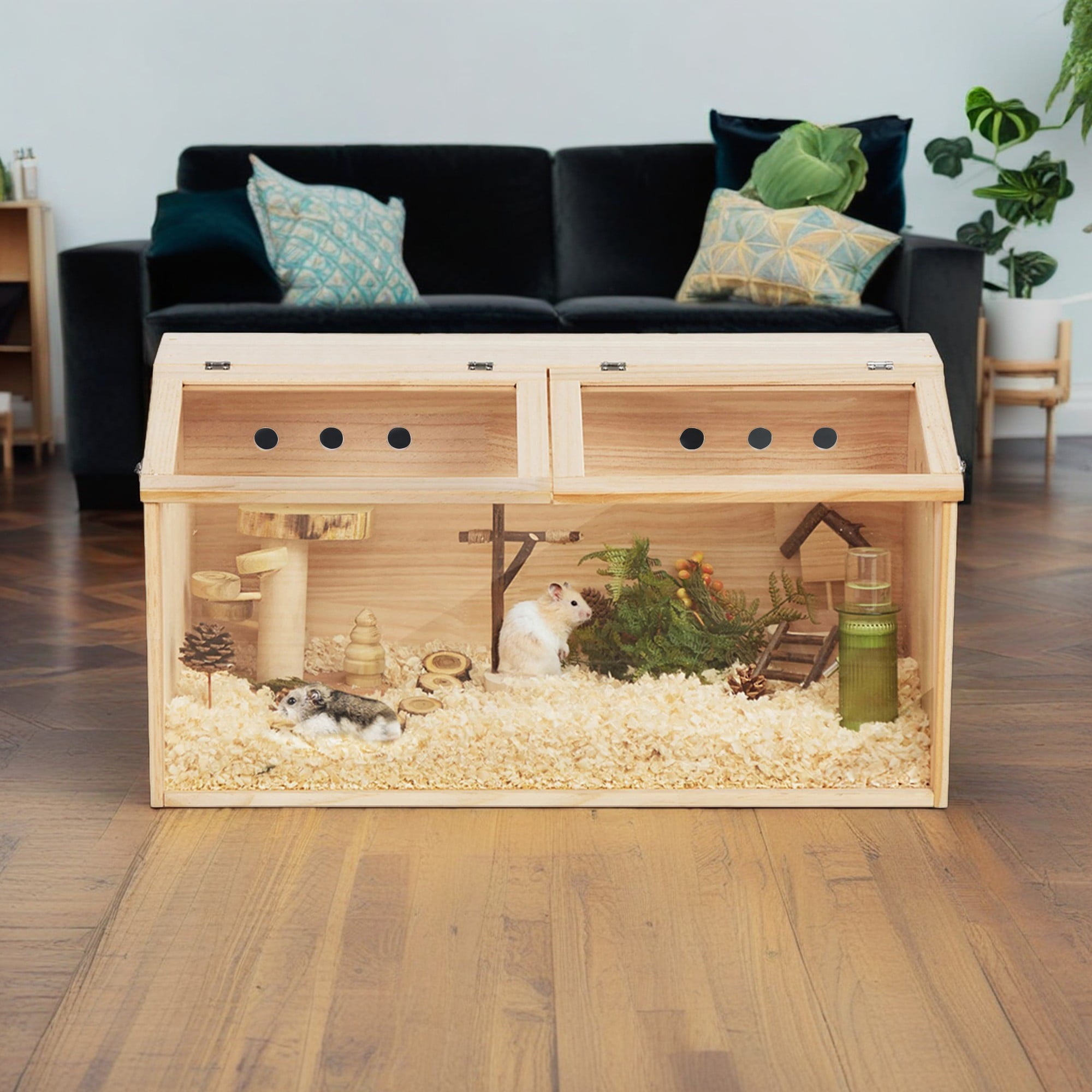 resenkos 31" Wood Hamster Cage for Indoor, Acrylic Hutch for Dwarf Hamster, Guinea Pig, Chinchilla, Beige