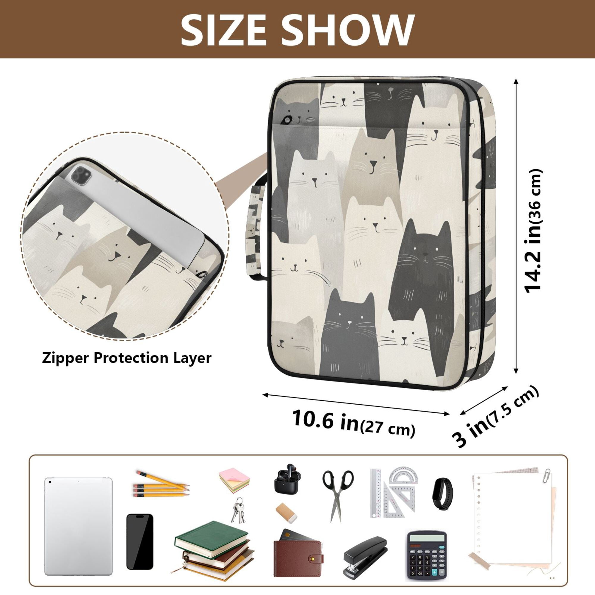 FORMRS Accordion File Folder A4 Size 7-Pocket Expanding Document Organizer Bag with 3 Ring Binder, White Cute Cats