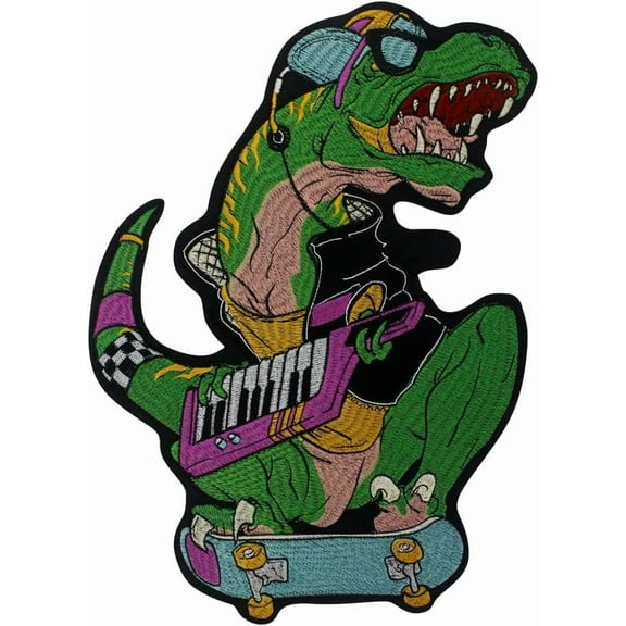 Dinosaur Playing Music Embroidered Patch Musical Jurassic Style DIY Jacket Badge Music Embroidery Iron-On Applique 1 piece