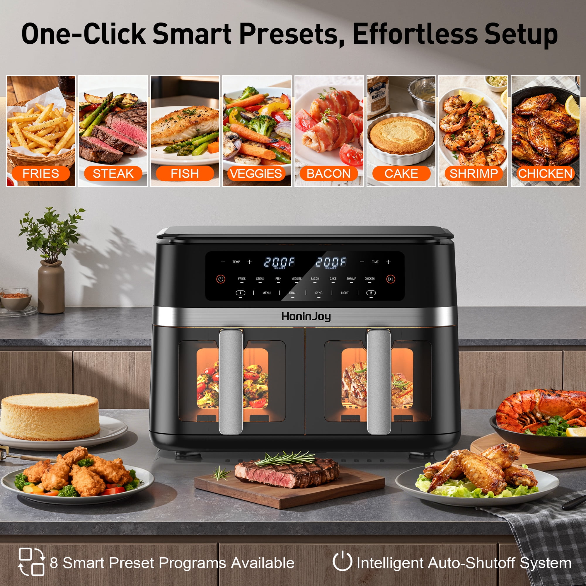HoninJoy 12 QT Large Dual Basket Air Fryer, With Visible Cooking Window( 50PCS Air Fryer Liners Included)-New