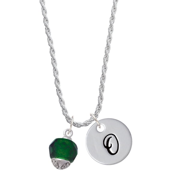 Delight Jewelry 12mm Faceted Green Glass Spinner Silvertone Script Initial Disc - O - Charm Necklace, 20"+3"