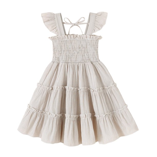 Vestido YOUNGER TREE a rayas caqui para niños pequeños de 4 a 5 T, manga con volantes