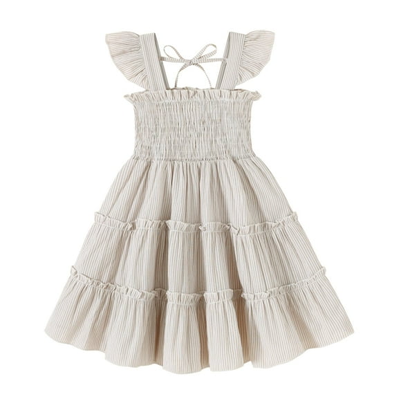 Vestido YOUNGER TREE a rayas caqui para niños pequeños de 4 a 5 T, manga con volantes