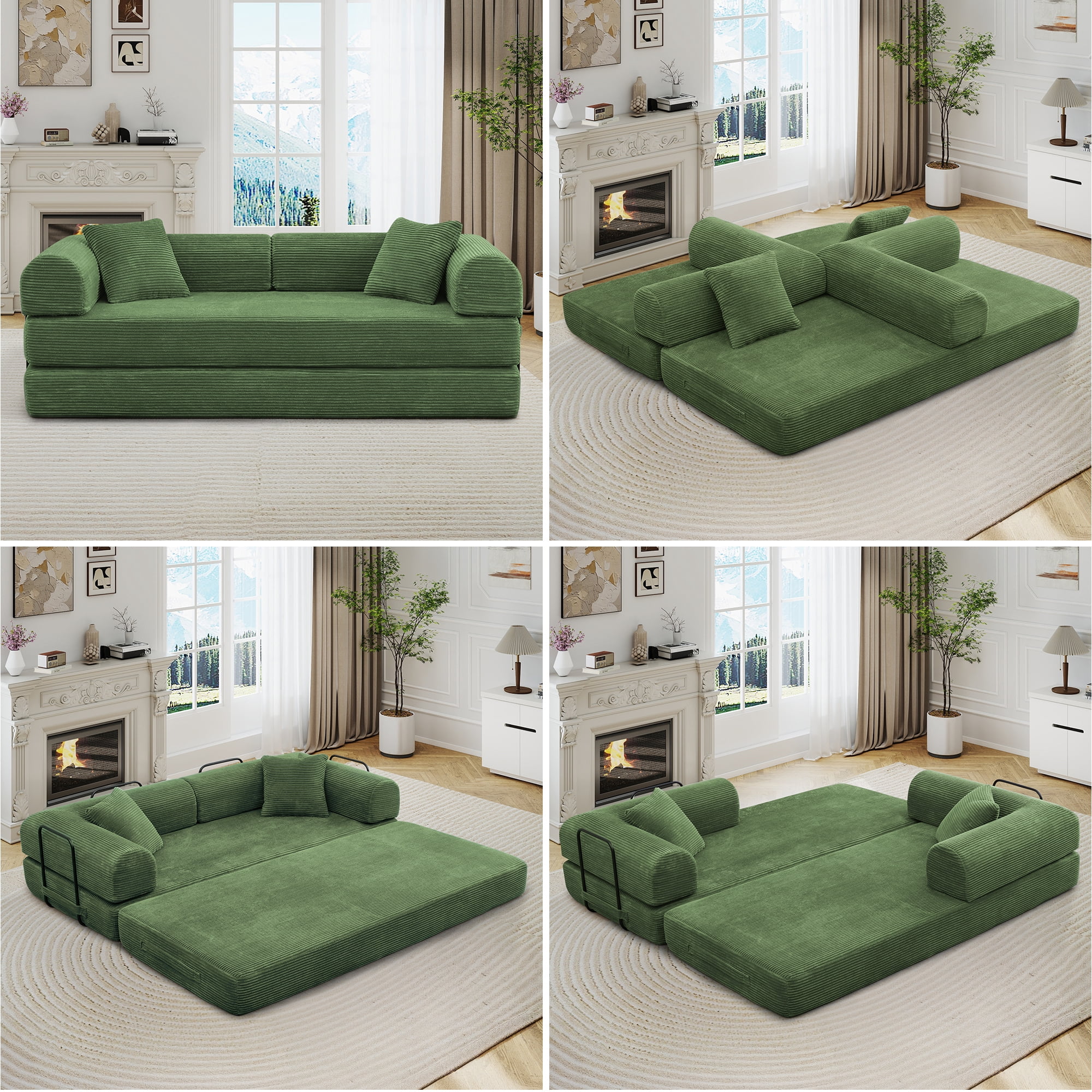 Muumblus 78" Corduroy Loveseat Cloud Sofa , Queen Size Convertible Slpper Couch Bed for Living Room, Dark Green
