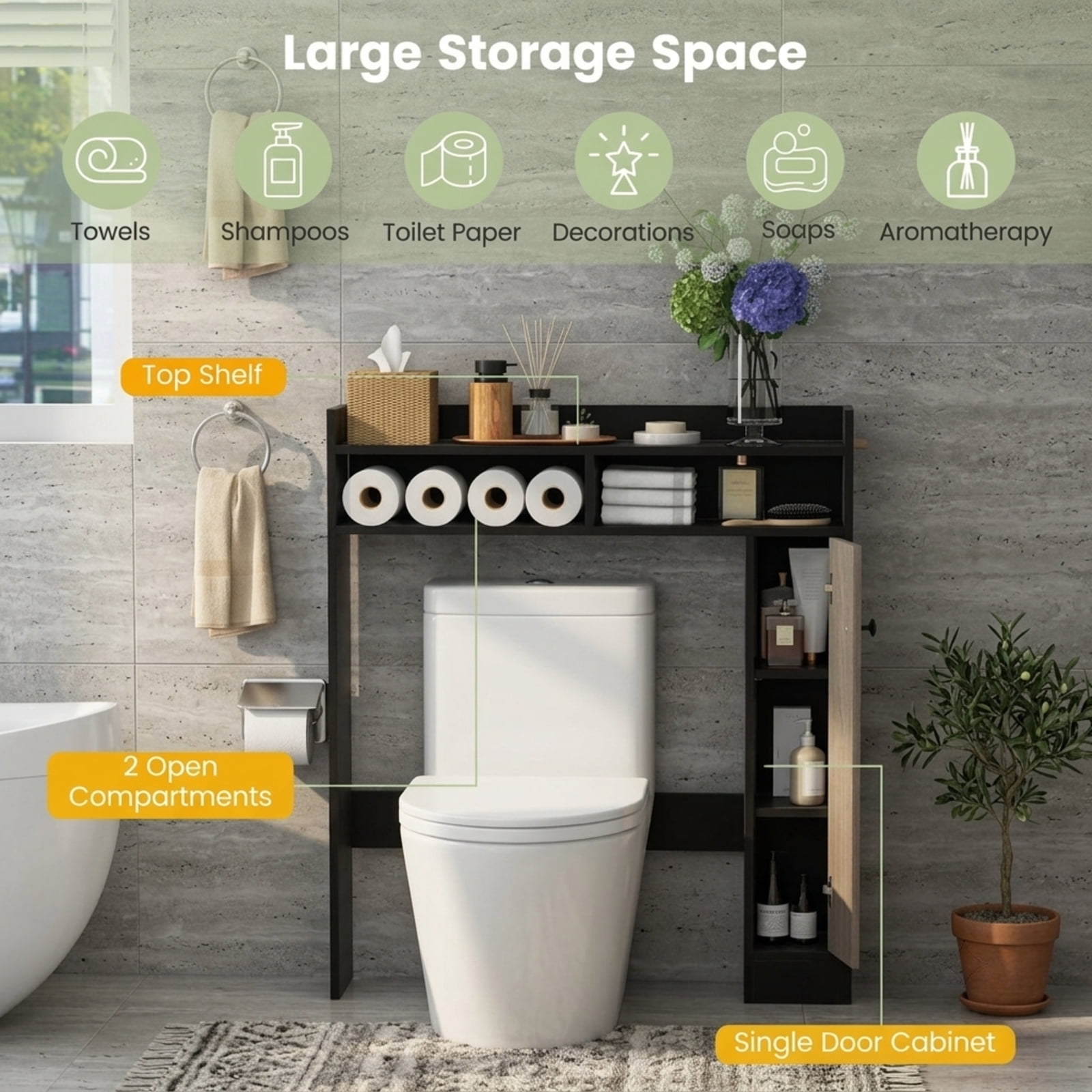 Vebreda Over the Toilet Storage Organizer with 2 Adjustable Shelves and Reinforced Bottom Bar for Bathroom Laundry Room Space Saving, Black