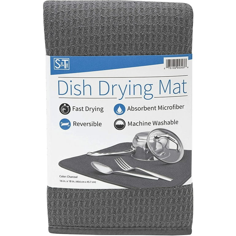 S&T Inc. Absorbent Reversible Microfiber Dish Drying Mat for Kitchen 16 inch x 18 inch Charcoal