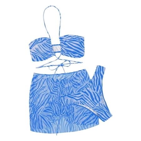 Captivating New WomenVintage Summer 3PCS Bikini Sets Sleeveless Hanging Neck Tie Up Bra + Leopard Print Thong + Skirt