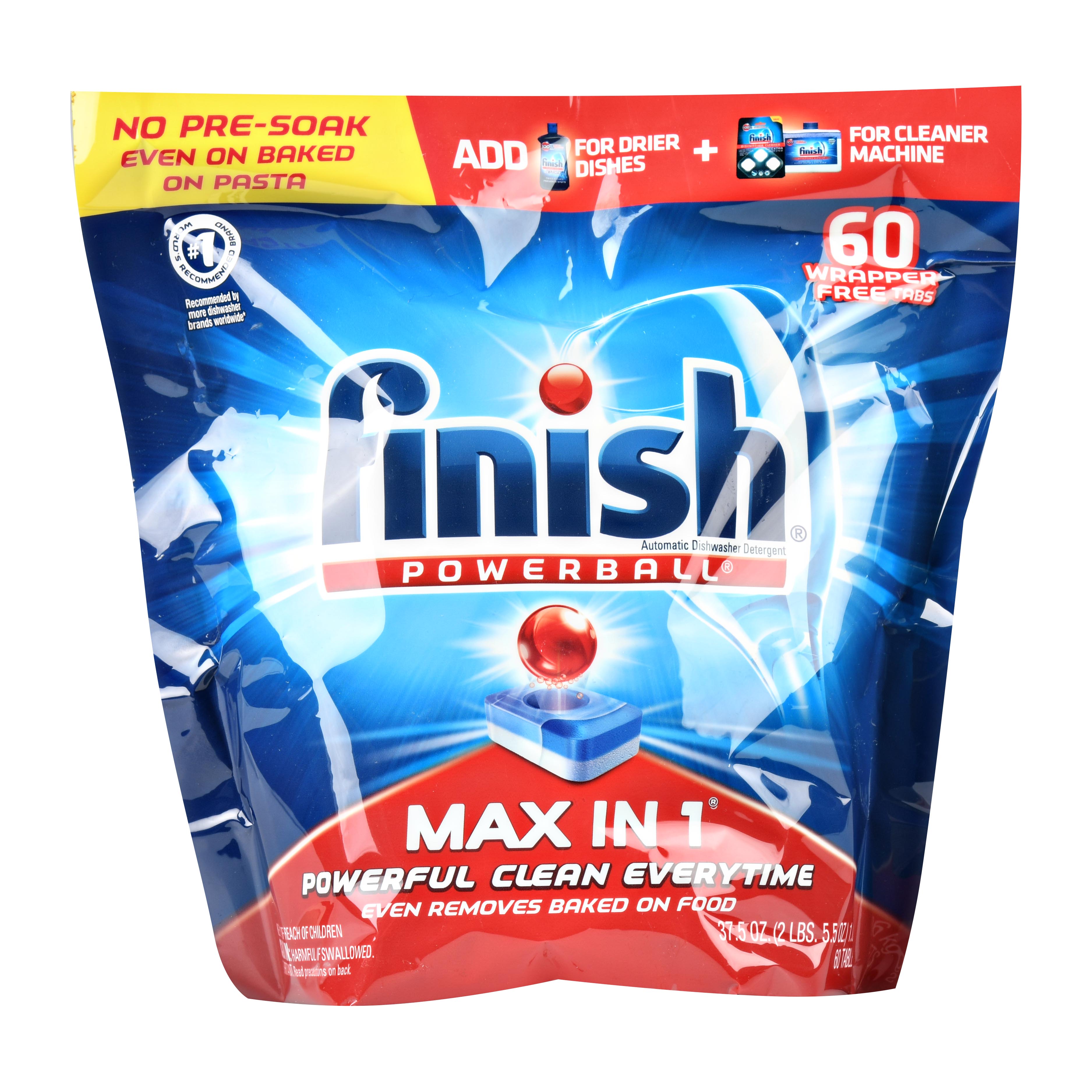 Finish Max in 1 Powerball, 60ct, Wrapper Free Dishwasher Detergent