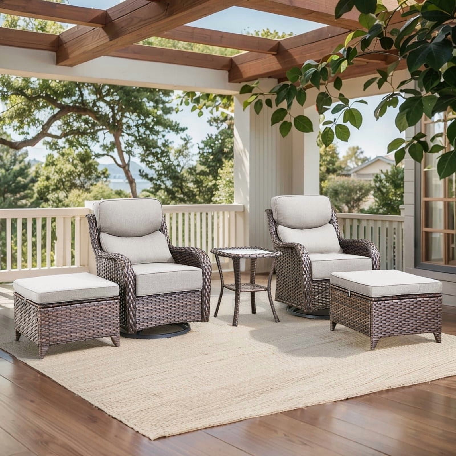 Outdoor Conversation Sets 5-Piece Patio Wicker Rattan Furniture Set with Swivel Rocking Chairs, Ottomans, Side Table and Upgrade 6" Cushions for Balcony Deck Backyard, Beige