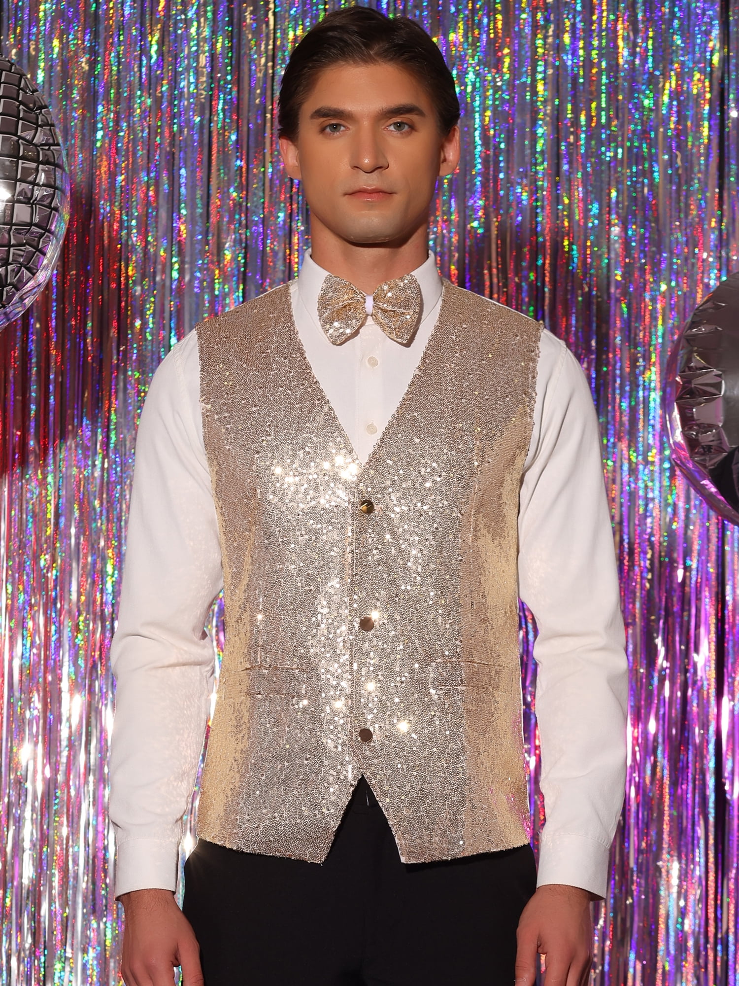 Unique Bargains Men's Disco Shiny Sequin Vest Suit Waistcoat Set with Bow Tie M Champagne
