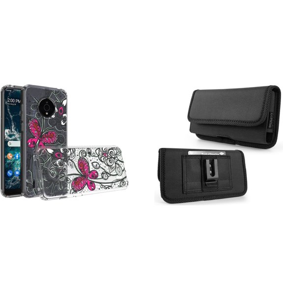 Case and Pouch Bundle for Nokia C200: Slim Series TPU Protector Case (Pink Butterfly) and Horizontal Rugged Nylon Belt Holster