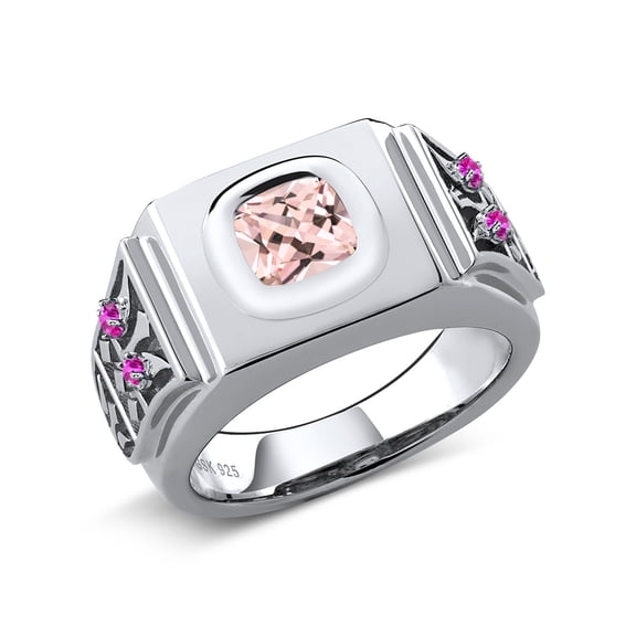 Gem Stone King 2.04 Ct Cushion Peach Nano Morganite Pink Sapphire 925 Sterling Silver Men's Ring (Size 10)