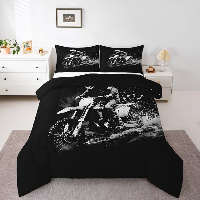 Erosebridal Motorcycle Rider Bedding Sets Queen with Comforter, Cool Dirt Bike Duvet Insert, Black Gray, Reversible 3pcs