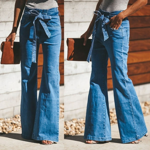 Womens Fashion Denim Jeggings Trouser Jeans Wide Leg Long Flare