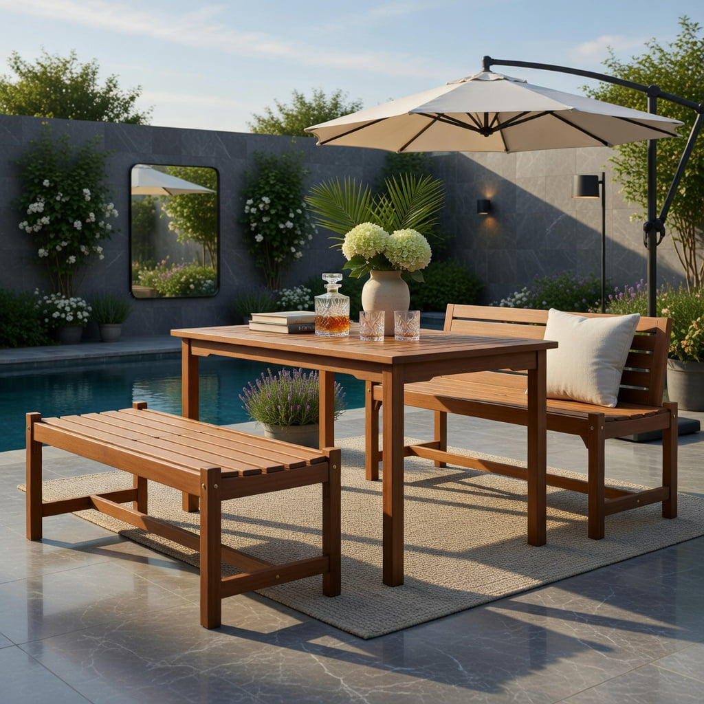 Hommoo 44" Outdoor Hardwood Patio Bench Set of 2, Teak Oil Finished Solid Teak-Look Dining Benches for Garden, Deck & Entryway, Ergonomic Slatted Design, Natural