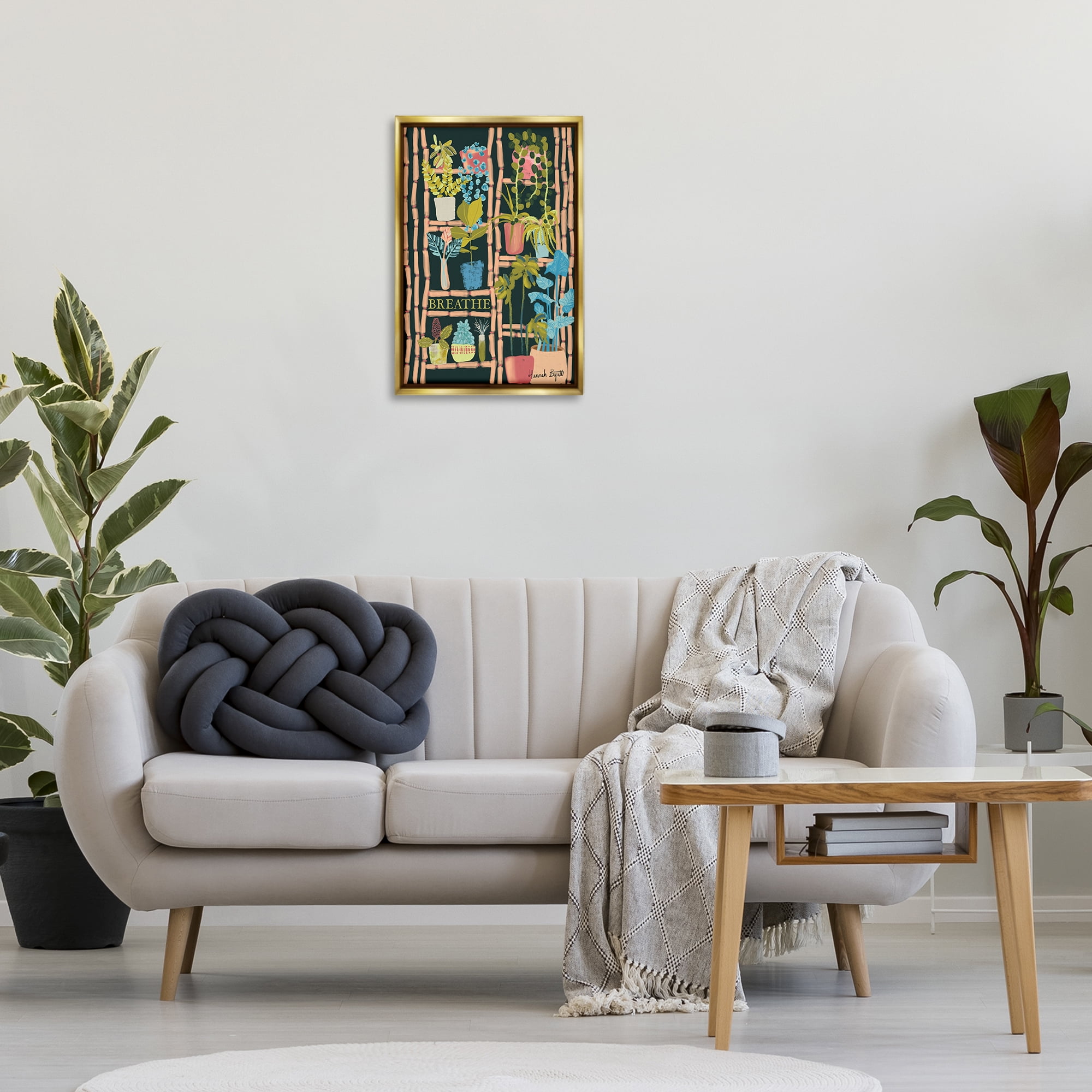 Stupell Industries Plant Shelf on Black Plants & Flowers Painting Gold Floater Framed Canvas Art Print Wall Art, 17 x 25
