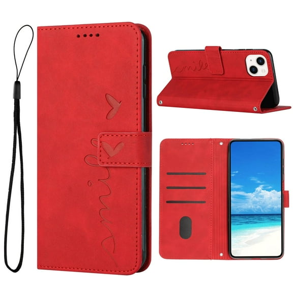 Allytech For iPhone 14 Plus 6.7 inch Wallet Case,Luxury Cute Love Heart Embossed Shockproof PU Leather Magnetic Closure Flip Card Slots Kickstand Cover with Detachable Wrist Strap.Red