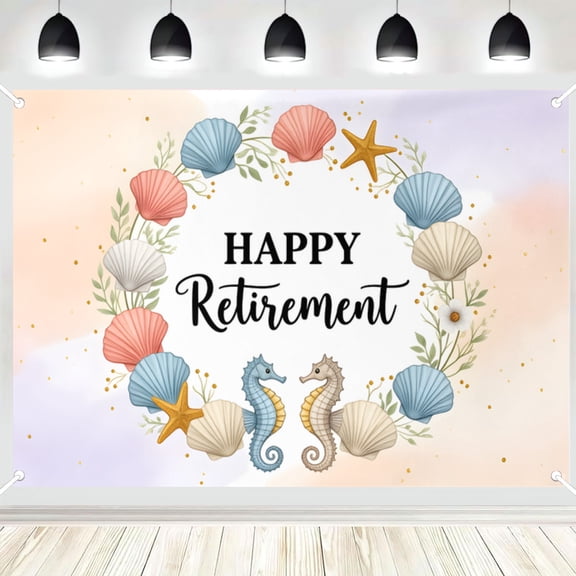 Happy Retirement Backdrop, Ocean Shell Seahorse Wreath Photo Background Banner for Retirement Party, Photography Booth Decor 16x24in