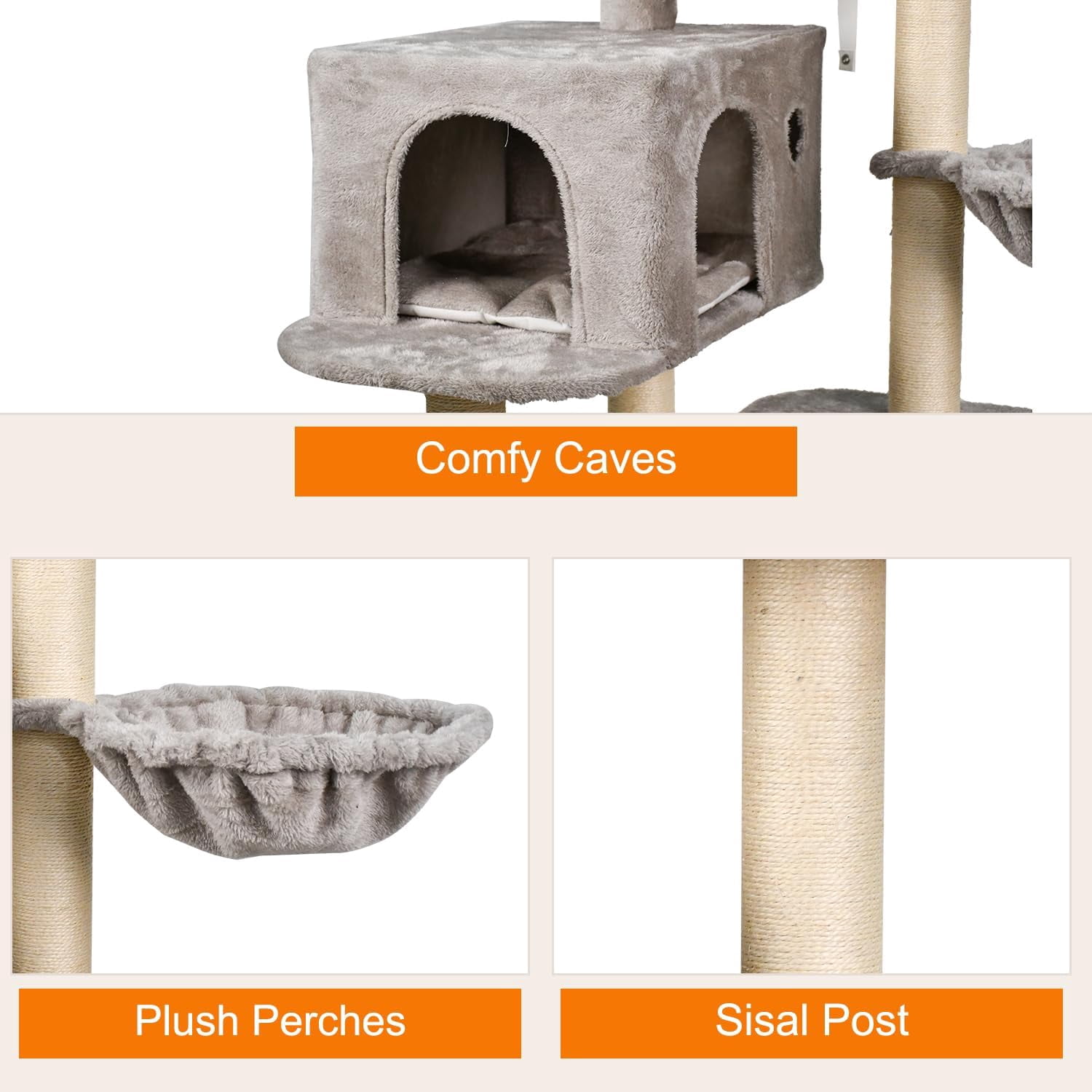 GOOPAWS 43-in Heavy-Duty Cat Tree for Large Cats, Multi-Level Tower with Sisal Scratching Posts, Plush Perch, Hammock & Condo Anti-Tip Design