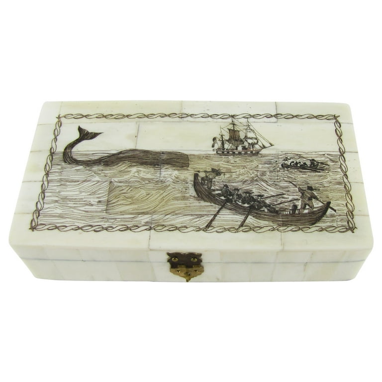 Etched Scrimshaw Art Whaling Ship Jewelry Box Chest Etched Scrimshaw Art Whaling Ship Jewelry Box Chest