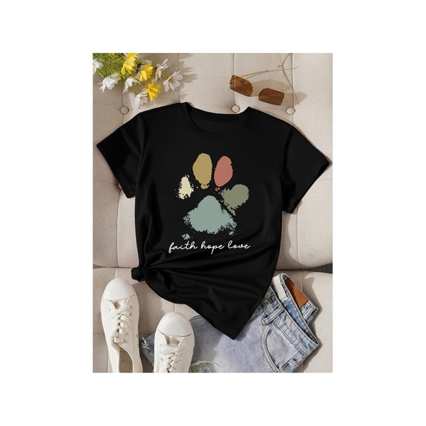 Women's Casual Crew Neck T-Shirt with Cartoon Dog Paw Print, Medium Stretch, Short Sleeve, Regular Fit, all Seasons - "Faith Hope Love" Graphic Tee