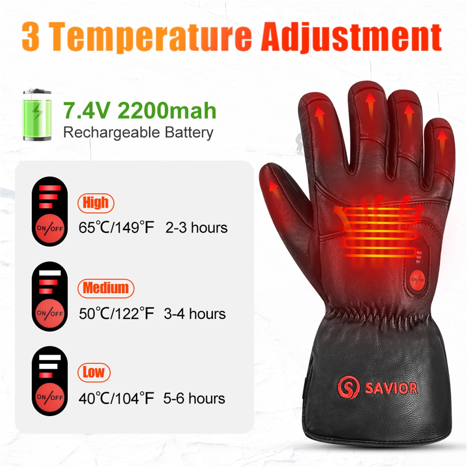 SAVIOR HEAT Heated Gloves Skiing Heated Gloves Warm Gloves Winter Touch Screen Waterproof Cold Weather Gloves for Outdoor Work, Travel, Riding, Skiing, Hunting