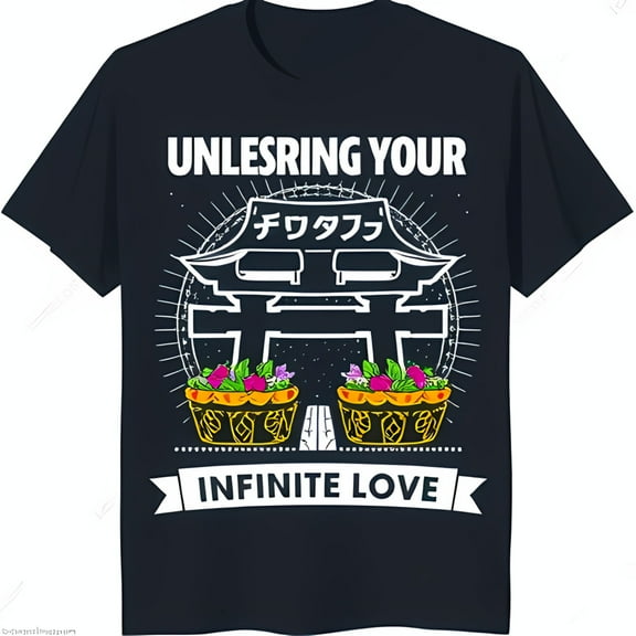 Stylish Black T-Shirt with Torii Gate Graphic & 'UNLESRING YOUR INFINITE LOVE' Text