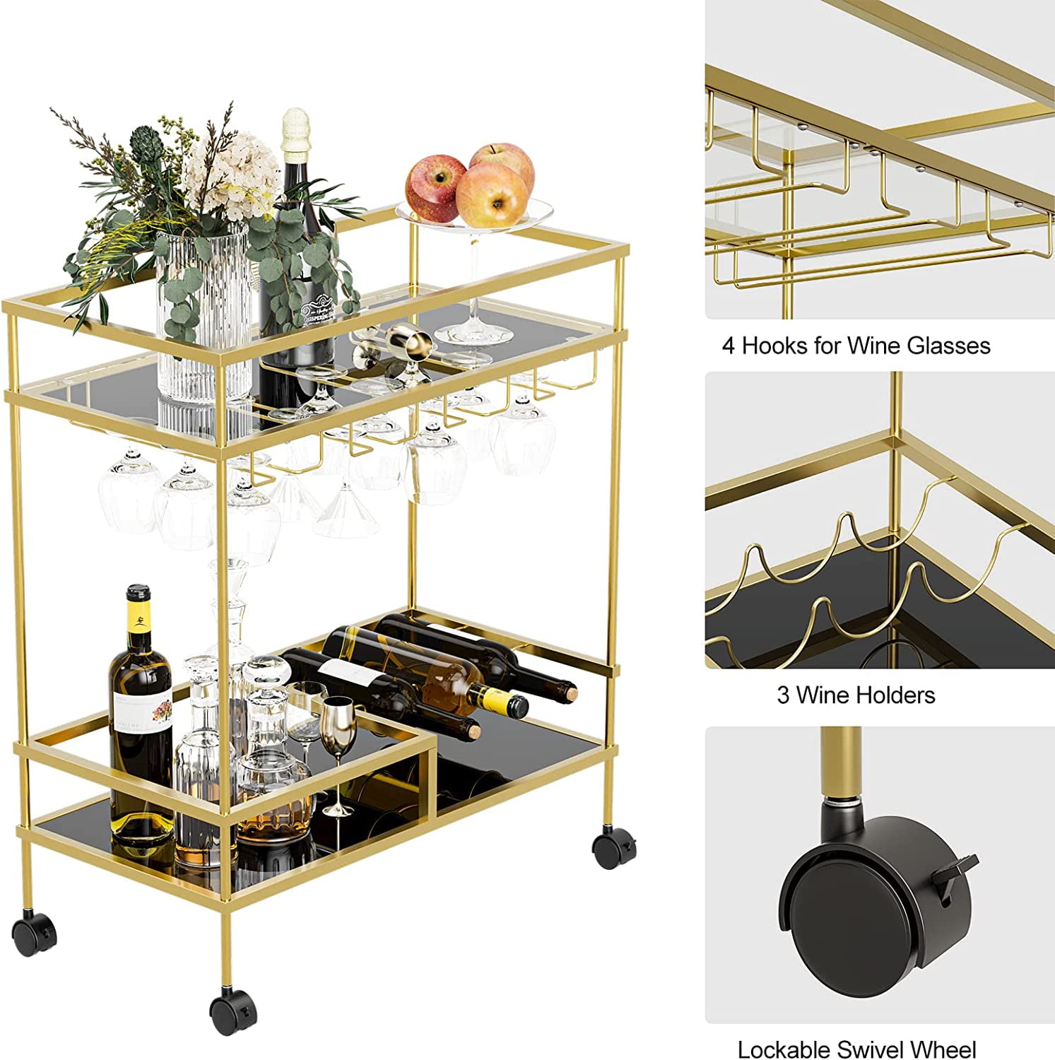 Ohsuaniy Bar Cart Gold, Round Circle Wine Cart 2 Mirror Shelves, Modern Rolling Gold Glass Drink Cart on Wheels, 2-Tier Deluxe Serving Cart for