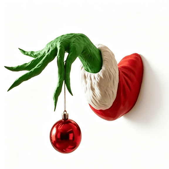 Christmas Green Monster Wall Decor, 3D Hand Sculpture with Red Ornament, Funny Festive Wall Mount Ornament, Holiday Home Party Decoration Gift