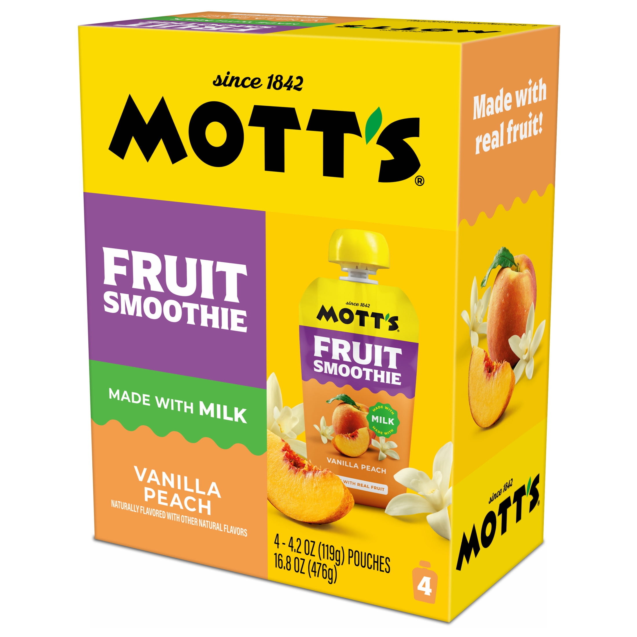 (3 pack) Mott’s Fruit Smoothie Vanilla Peach, 4.2 oz, 4 Pack Pouches