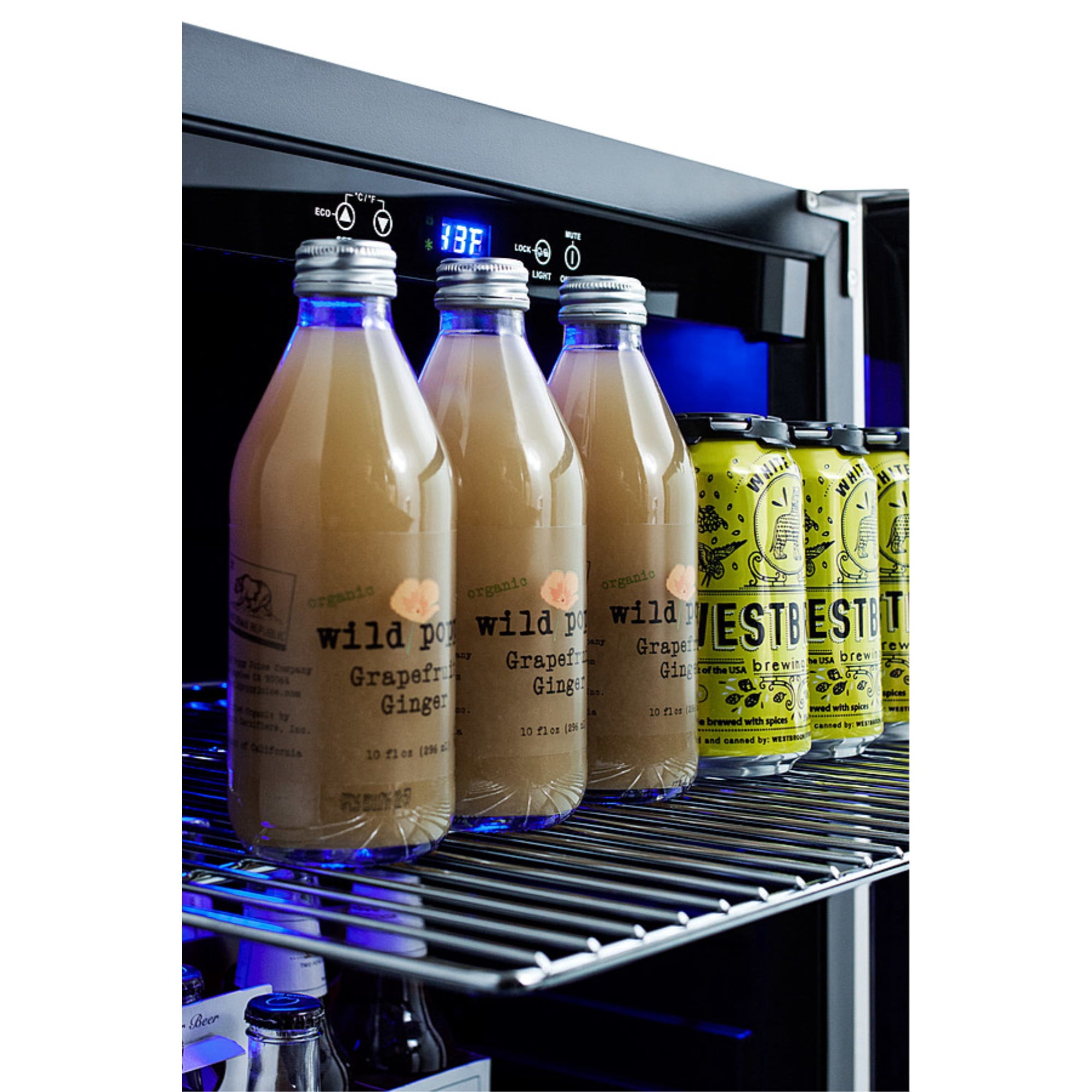 Built-in undercounter beverage refrigerator with panel-ready glass door, digital controls, lock, and black cabinet