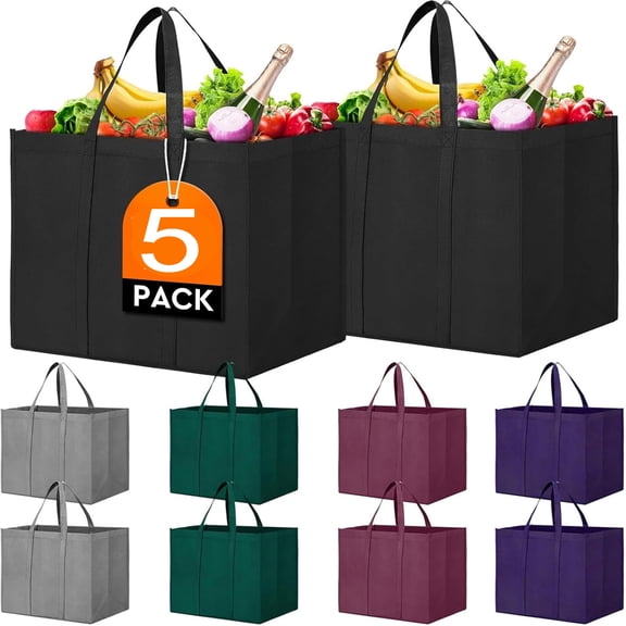 KOYPTL Reusable Grocery Shopping Bags 5 Pack Large Foldable Tote Bags Bulk,Eco Produce Bags with Long Handle for Shopping Groceries Clothes(5 Assorted Colors,35L)