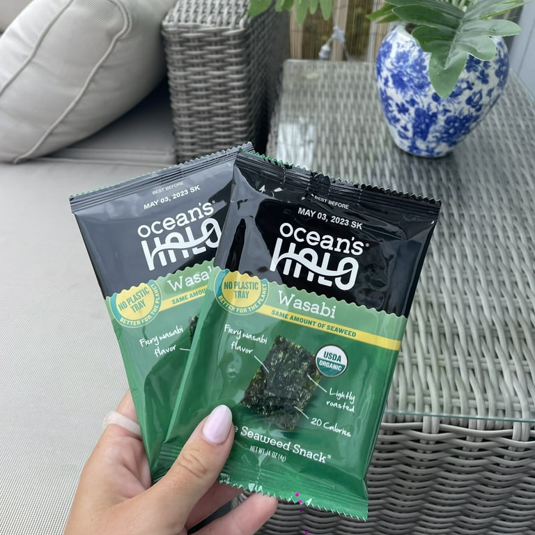 Ocean's Halo, Organic Trayless Seaweed Snack, Wasabi, Vegan, No Plastic Tray, 1pk Nori Sheets, Shelf-Stable, 0.14 oz