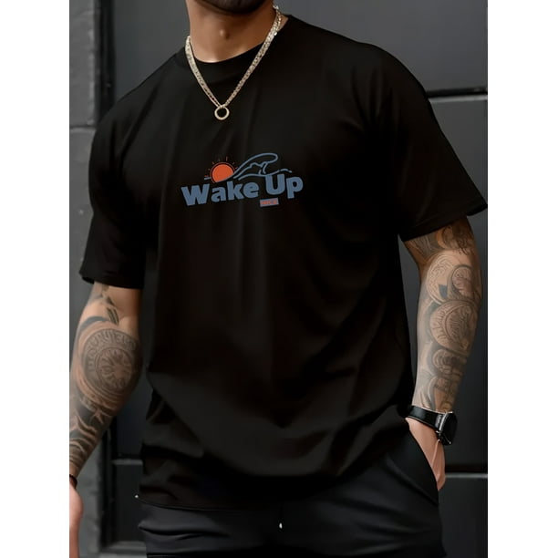 Wake Up And Sun Print Men's Creative Top, Casual Short Sleeve Crew Neck T-shirt, Men's Clothing For Summer Outdoor