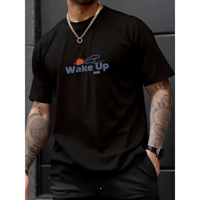 Wake Up And Sun Print Men's Creative Top, Casual Short Sleeve Crew Neck T-shirt, Men's Clothing For Summer Outdoor, Casual Sporty Tee, Comfy Tee