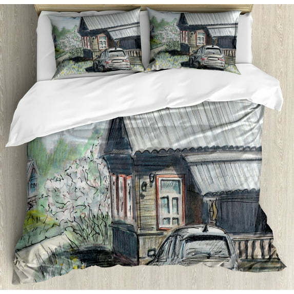 Sketch Duvet Cover Set Queen Size, Parked Car Village House Summer Landscape, Decorative 3 Piece Bedding Set with 2 Pillow Shams, Dusk Pistachio Green Reseda Green and Pale Blue Grey, by Ambesonne