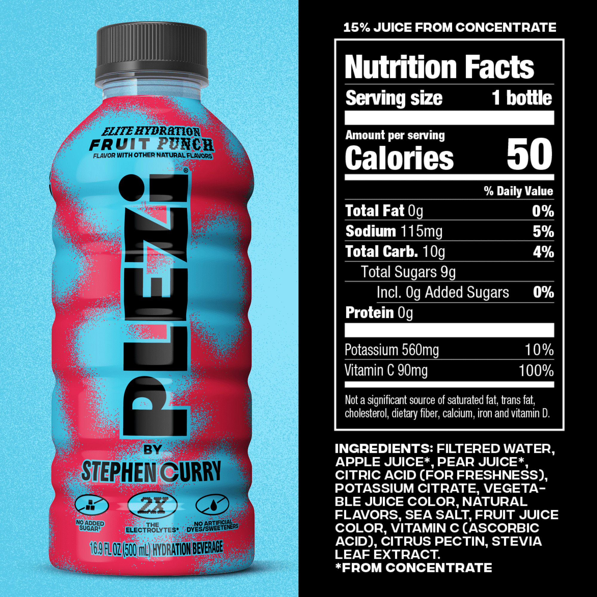 PLEZi Hydration Fruit Punch Sports Drink, No Added Sugar, 2X Electrolytes & 560mg Potassium, Made with Real Juice, 16.9 fl oz Bottles, 12 Pack