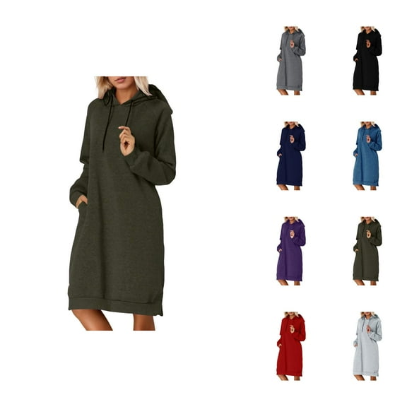 Cute Clothes Women's Solid Sweatshirt Women's Casual Hooded Sweater Dress Split Hem Long Sleeve Pullover Tunic Top For Daily Wear In Fall And Winter