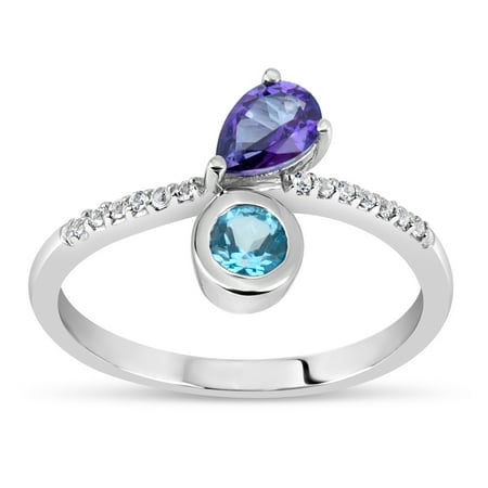 Violac Purple Topaz Ice Blue Topaz and White Topaz Swarovski Genuine Gemstone Sterling Silver Rhodium Plated Chanel Setting Ring