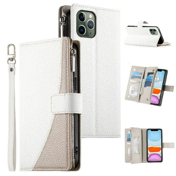 Funda cartera GANGXUN para iPhone 11 Pro , cuero PU con tarjetero, cremallera, correa de mano, soporte y protección 555°