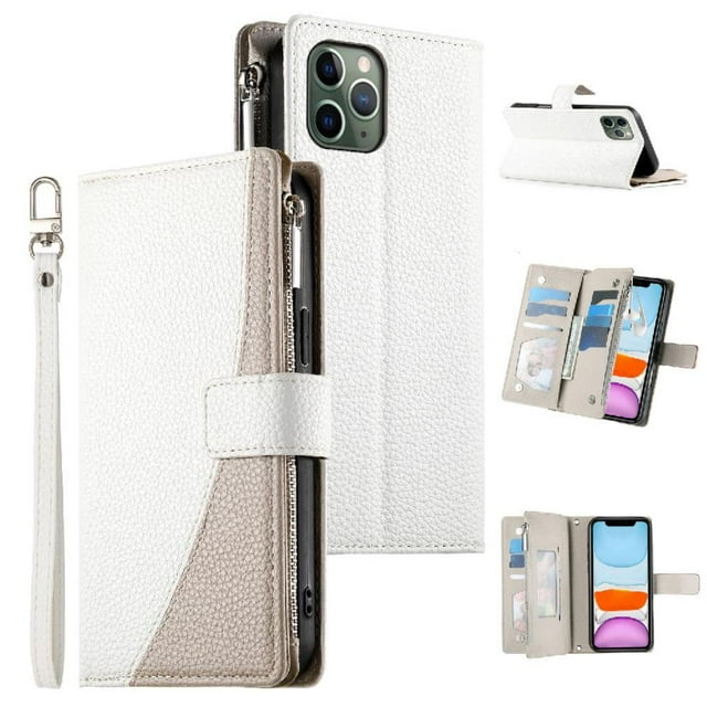 Funda cartera GANGXUN para iPhone 11 Pro , cuero PU con tarjetero, cremallera, correa de mano, soporte y protección 555°